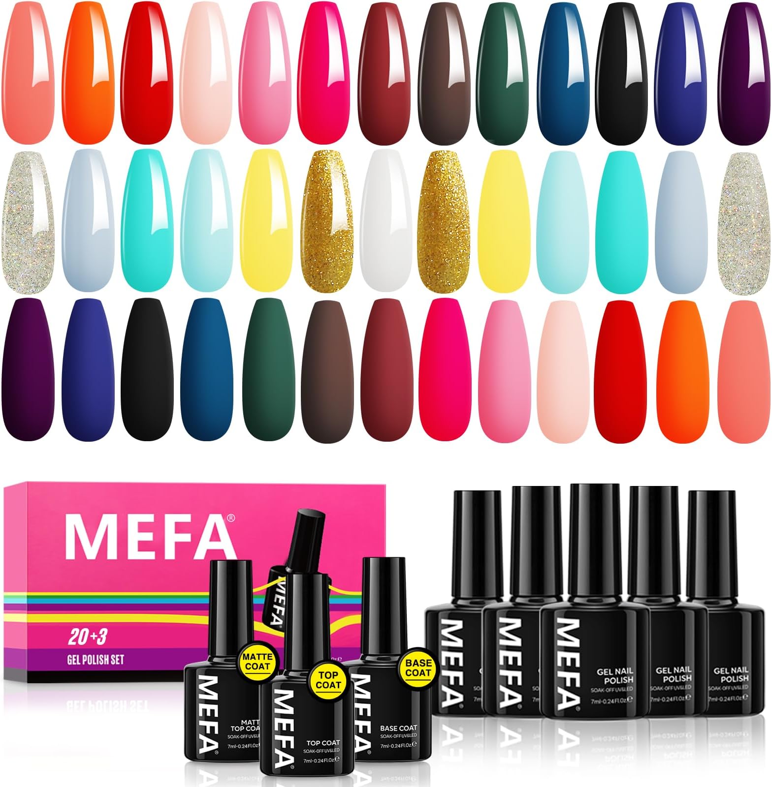 MEFA 23 Pcs Gel Nail Polish Set with Nice Box, Soak Off Nail Gel Collection with Glossy and Matte Top Coat Base Coat Manicure Nail Art Salon