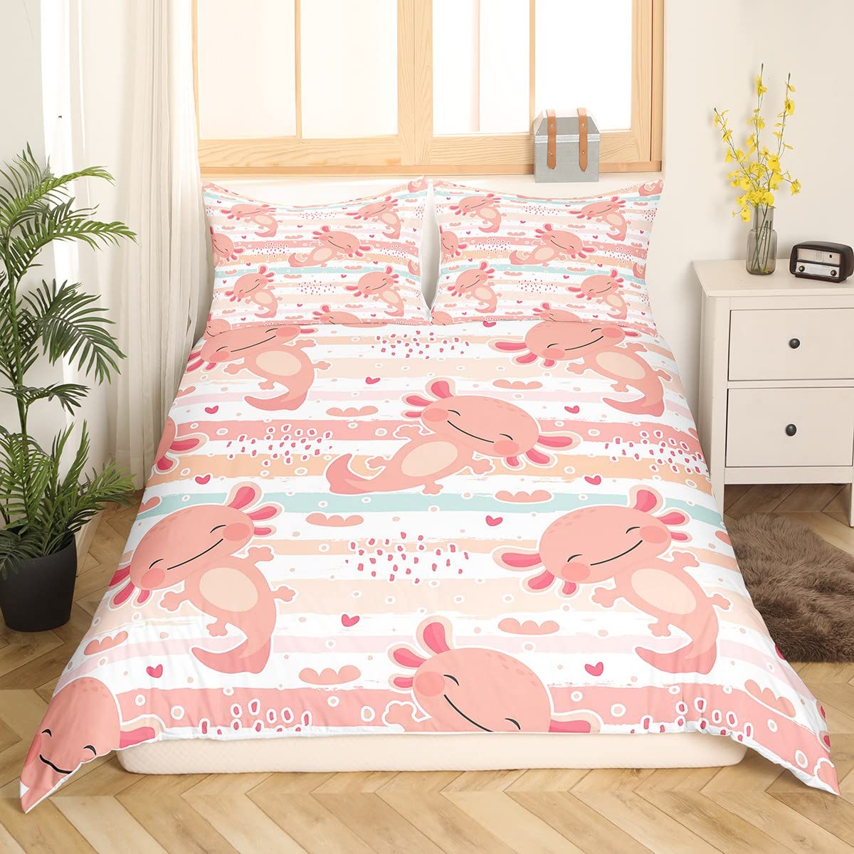 Cute Axolotls Kids Duvet Cover Set 135 x 200 cm, Rainbow Stripes Bedding Set,Girls Boys Adults Room Decor,Pink Romantic Soft Comforter Cover,Sea Animals Cartoon Axolotl Quilt Cover,1 Pillowcase