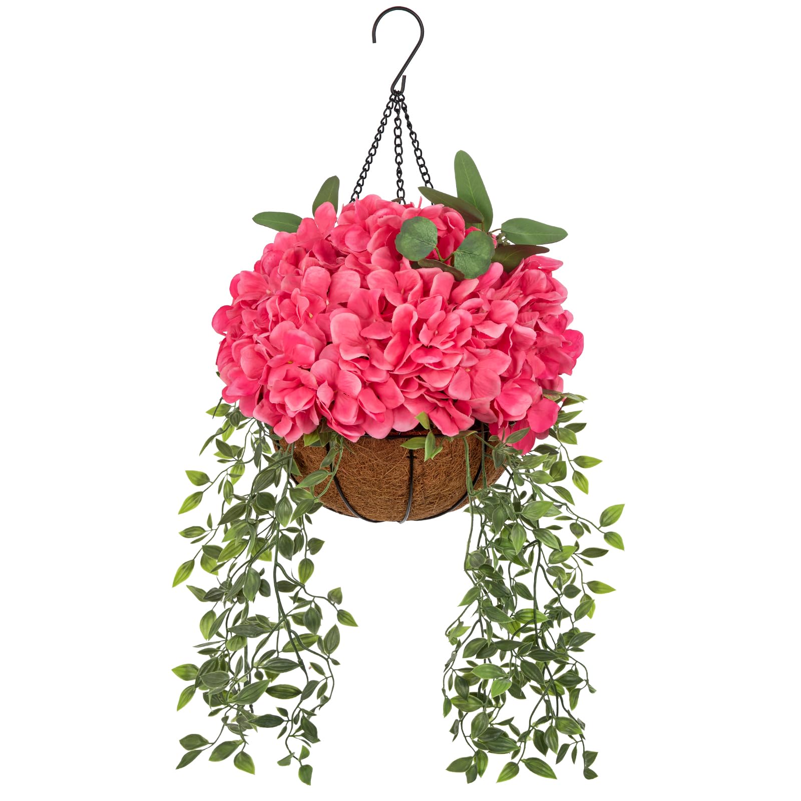 Oairse Artificial Hanging Flowers with Basket, Pink Faux Silk Flower Arrangement with Hydrangea Flower & Trailing Greenery, Outdoor Hanging Flowers Spring Decor for Porch Garden Patio Balcony