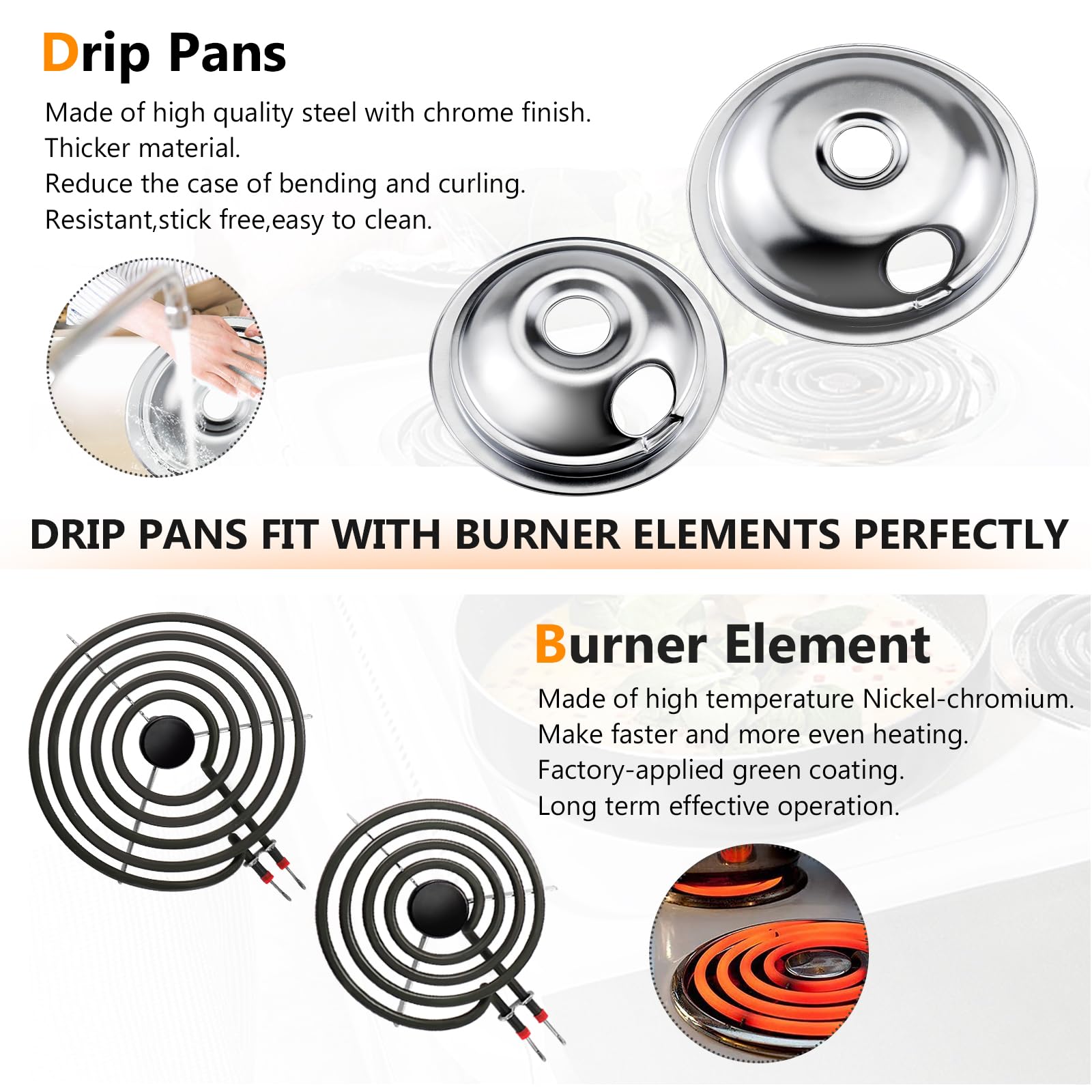 4 Pack Electric Stove Drip Pans, Chrome Stove Drip Pans Replacement Compatible For Most Plug-in Electric Ranges Includes 2 6-Inch And 2 8-Inch Drip Bowl