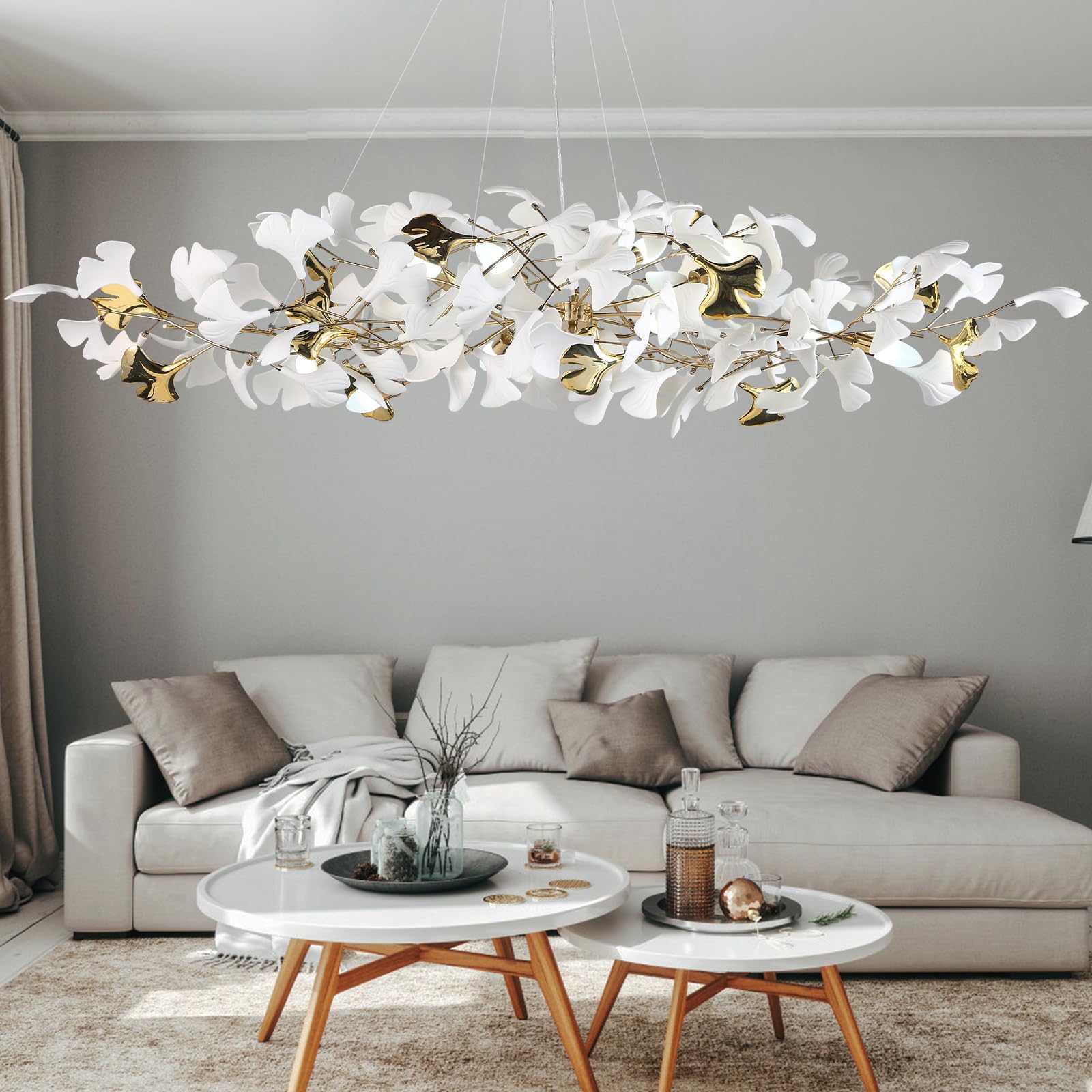 GREMLBUK 59 Inch White Rectangle Chandelier Gold Ceramic Ginkgo Leaf Chandeliers Brass Large Chandelier Modern Hanging Lights Fixture for Living Room