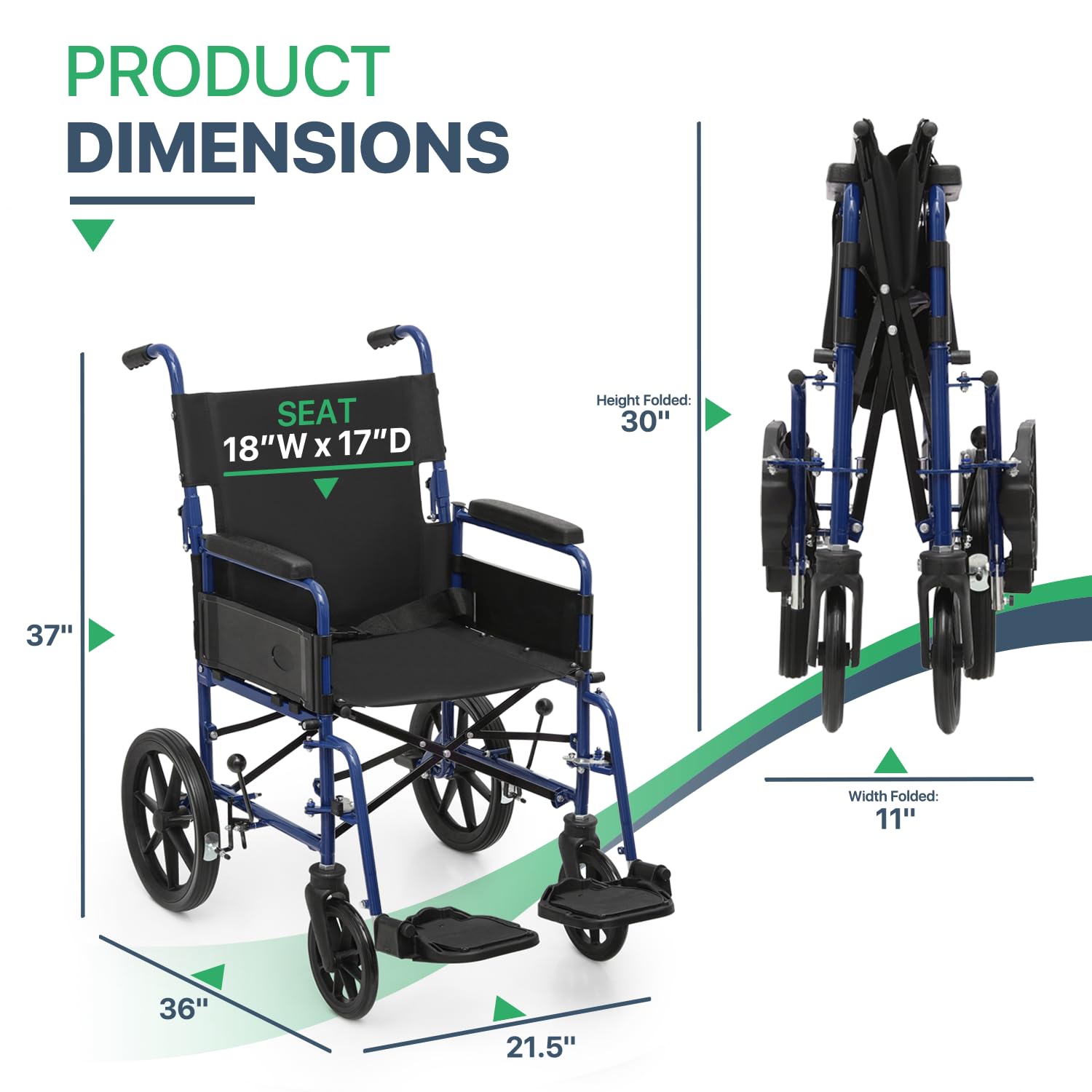 Magshion Foldable Transport Wheelchair for Adults 300 Lbs, Heavy Duty Transport Chair for Seniors, Wheel Chair with Removable Armrests & Swing-Away Footrests, 18