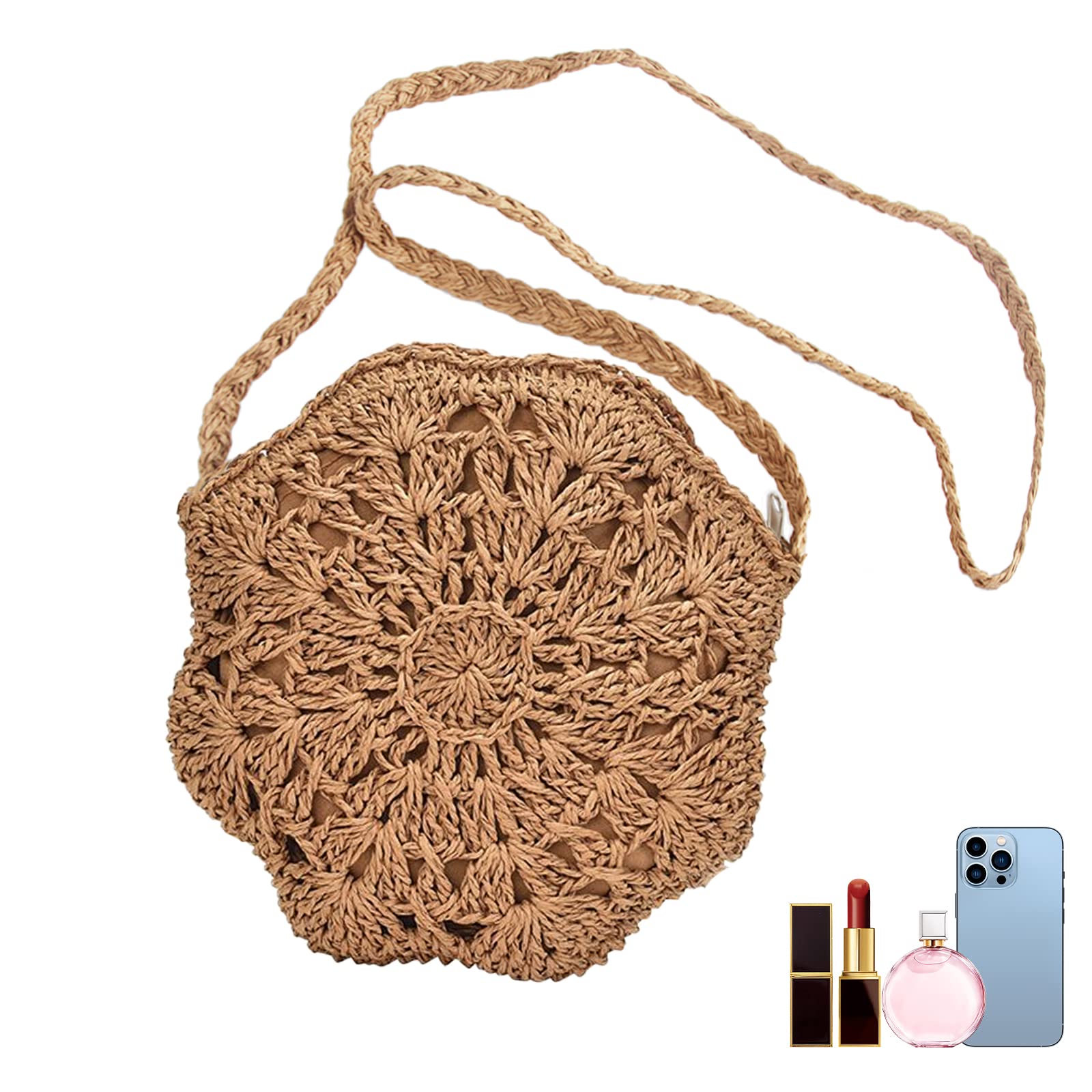 ZoneYan Bolso de Paja Mujeres, Bolso Tejido de Paja, Bolsa de Playa de Verano, Bolsa de Bandolera de Paja, Mujeres Tejido Bolsa de Hombro, Summer Beach Purse Para Viajes Fechas Vacaciones