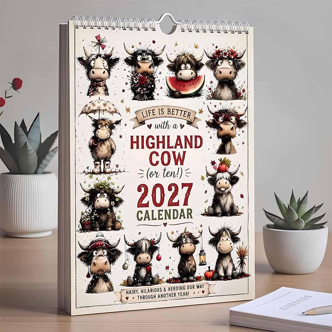 2027 Niedlicher Highland Cow Wandkalender mit Spiralbindung (3Stück) | 2027 Lustiger Highland-Kuh-Wandkalender, 12 monatliche Highland-Kuh-Designs für Kuhliebhaber