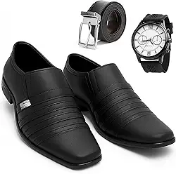 Sapato Social Masculino Italiano Couro com Tiras Decorativas, Preto, Solado Borracha, Estilo Clássico Formal