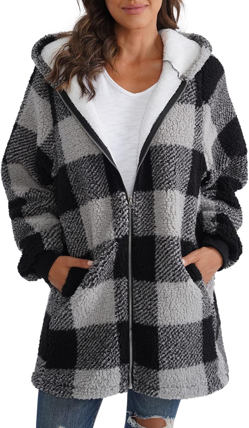 ReachMe Womens Fleece Zip Up Jacket with Pockets Oversized Long Sherpa Hoodie Fuzzy Jackets Warm Teddy Coat - Image 2