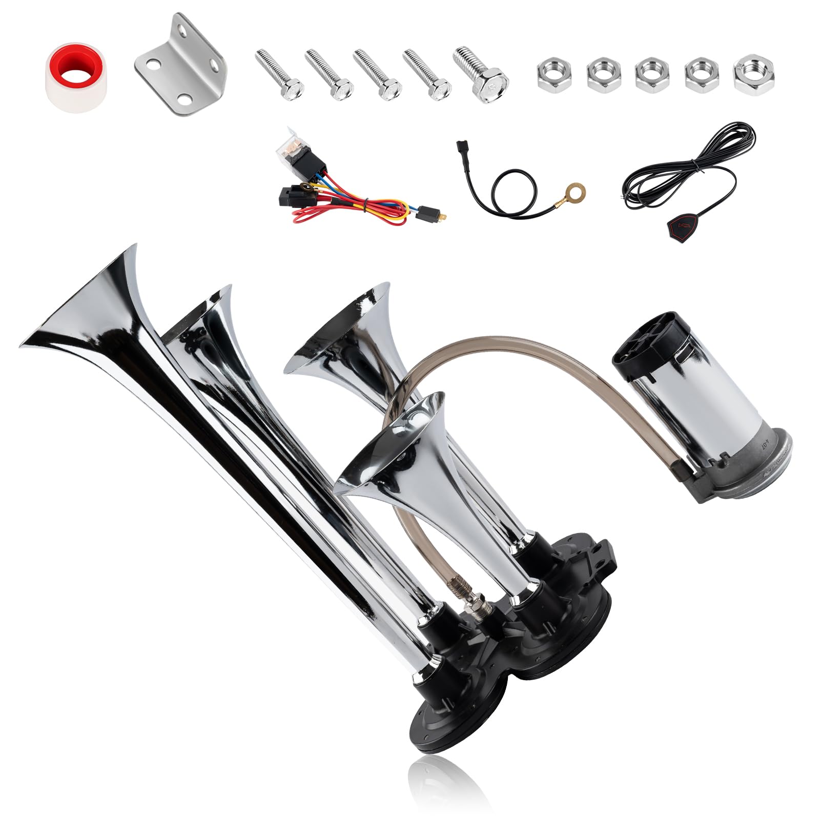 150db 12V Train Horn Kit, Silver 4 Speakers