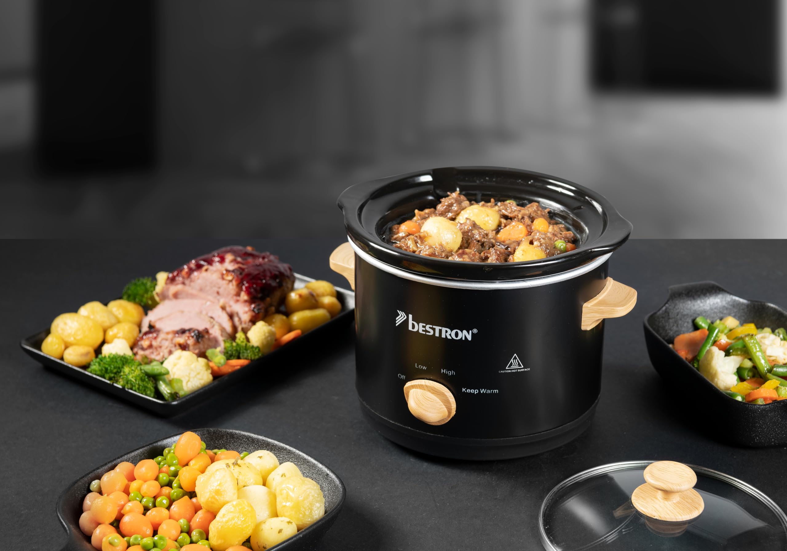 Bestron Slowcooker 1.5 L Olla de Cocción Lenta con Cacerola de Cerámica y Tapa de Vidrio, Termostato 3 Niveles, Negro/Madera