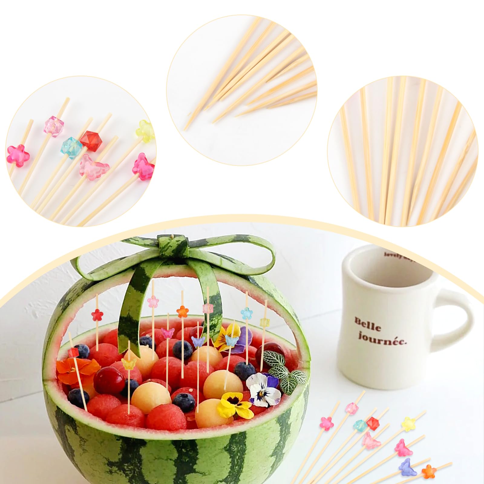 300 Piezas Palillos para Aperitivos Brochetas Bambú 12 cm Palos de Brocheta Pinchos con Forma de Mariposa y Flor para Decoración Cocktail Bebidas Frutas Ensalada Fiesta