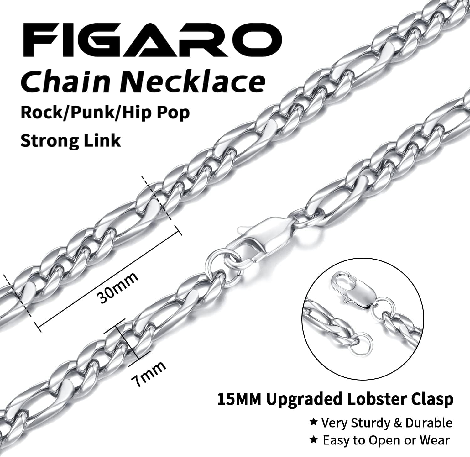 Jewlpire 5.5mm/7mm Stainless Steel Figaro Chain Necklace for Men, 14K Gold Plated Chain for Men, Mens Jewelry Gift 16 18 20 22 24 26 Inch - Image 3