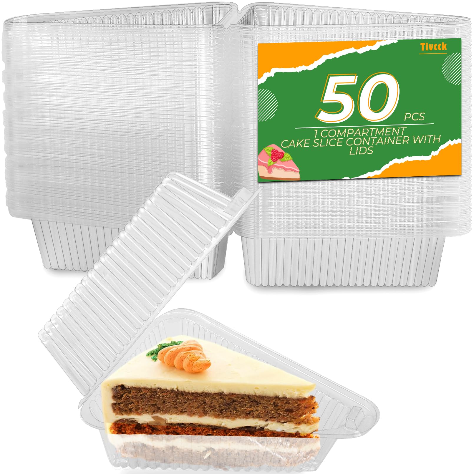 Tivcck 50 Pcs Cake Slice Plastic Container, Clear Individual Pie Slice Containers, 4 Inch Hinged Lid Cheesecake Containers for Take Out Packaging,Home,Bakery, Cafe, Flan, Desserts