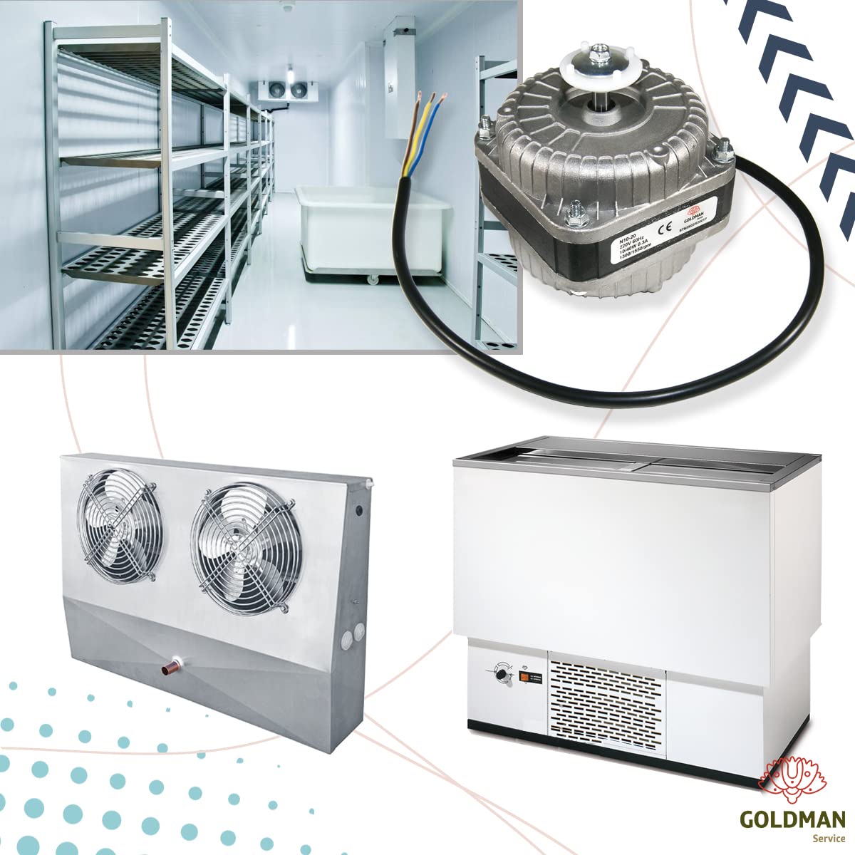 GOLDMAN SERVICE Kit Motore fan ventola per portabottiglie frigorifero 10 W con supporto e pale per congelatore verticale camera frigorifero industriale compatibile con grandi marche