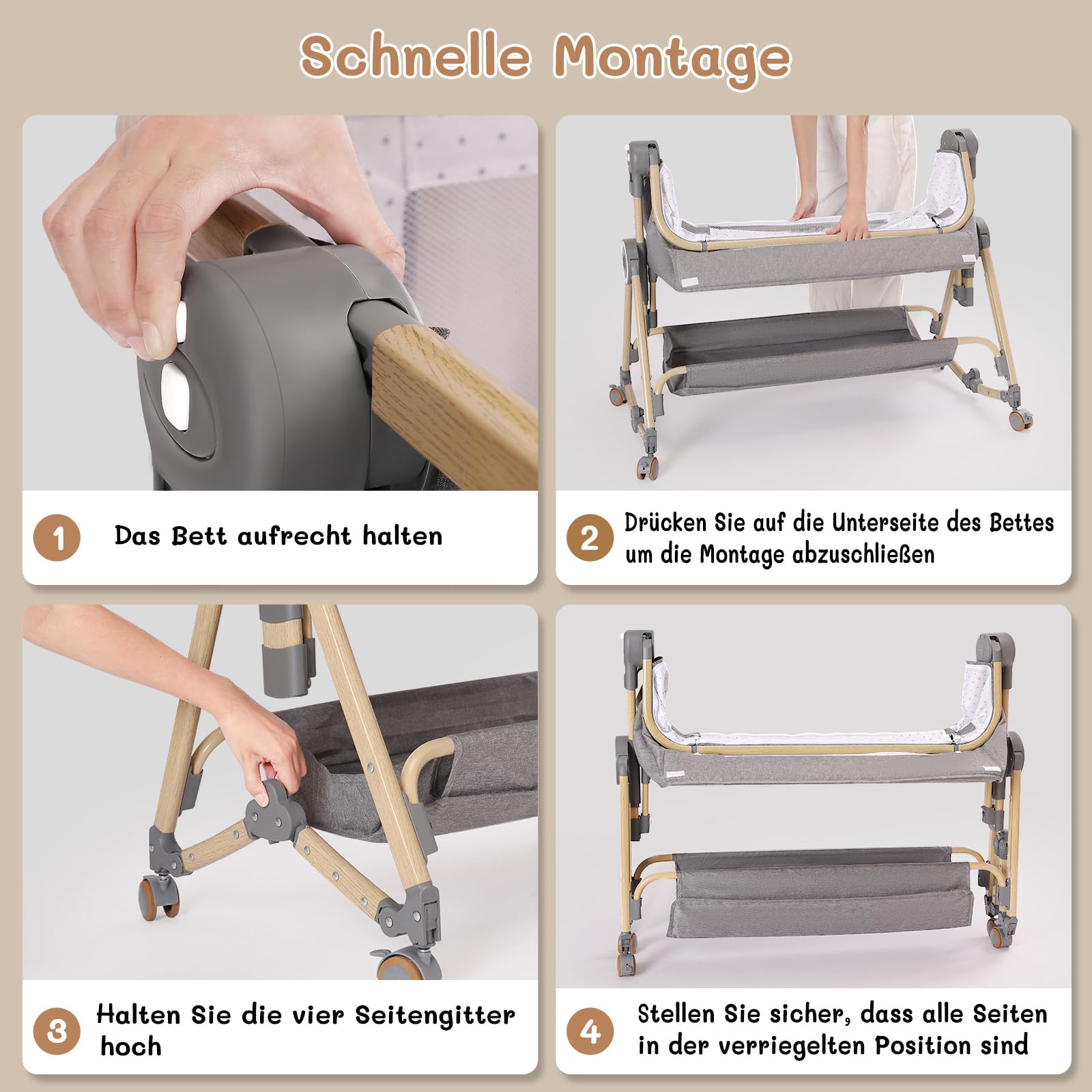 HOLAVIDA 5 in 1 Beistellbett Baby, Höhenverstellbare Babywiege, Stubenwagen Baby mit Wickeltisch, Aufbewahrungskorb, Moskitonetz, Matratze, Tragbar Reisebett für Neugeborene/Kleinkinder (Grau)