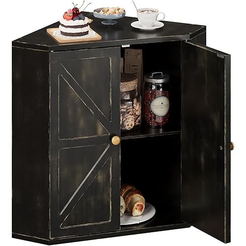 Trironsun Corner Bread Box for Kitchen Counter Double Layer Bamboo Bread Storage Container Large Capacity Bread Storage Bin Farmhouse Breadbox Organizer (Antique Black)