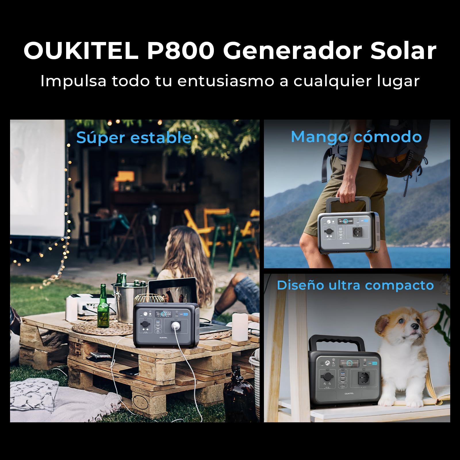 OUKITEL P800 Estación de Energía Portátil 800 W, Generador Solar con Batería Lifepo4 512 Wh, Generador con Salidas USB A Y C, Potencia Máxima de 1600 W, Ideal Para Acampadas