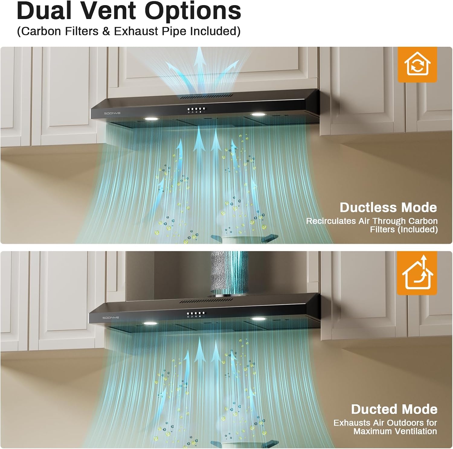 Under Cabinet Range Hood 30 inch, 250 CFM Exhaust Fan with 3-Speed Control, Matte Black, 5-Layers Reusable Aluminum Filter, Convertible Ducted/Ductless, LED Lights and Carbon Filters