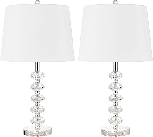 Juego de 2 lámparas de mesita de noche con pantalla de tambor blanco roto de 23 pulgadas, moderna mesita de noche de bola de cristal transparente