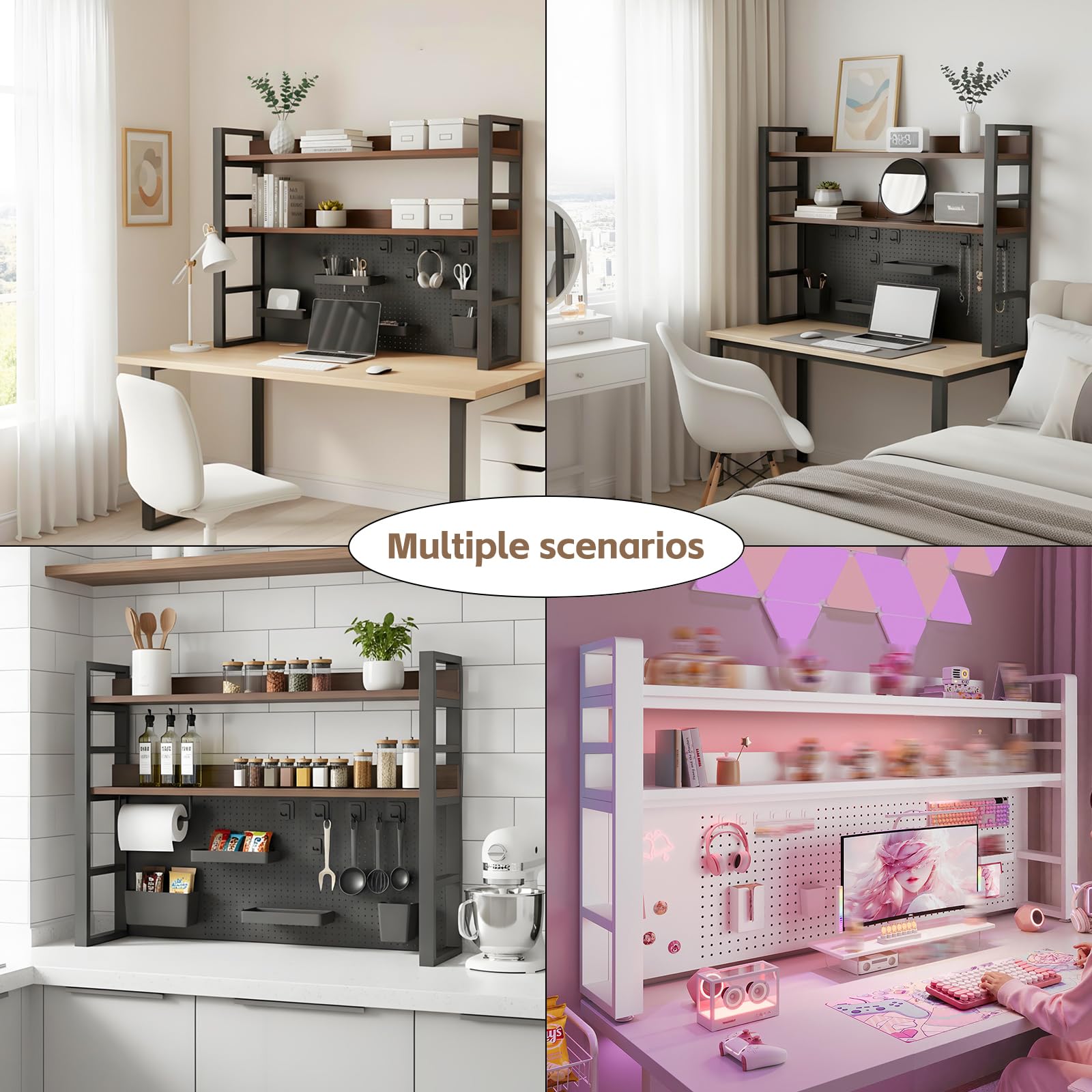 Organizador de escritorio de metal de 2/3/4 niveles, estante versátil de varios niveles con tablero de clavijas para oficina en casa y dormitorio, solución de almacenamiento para ahorrar espacio para