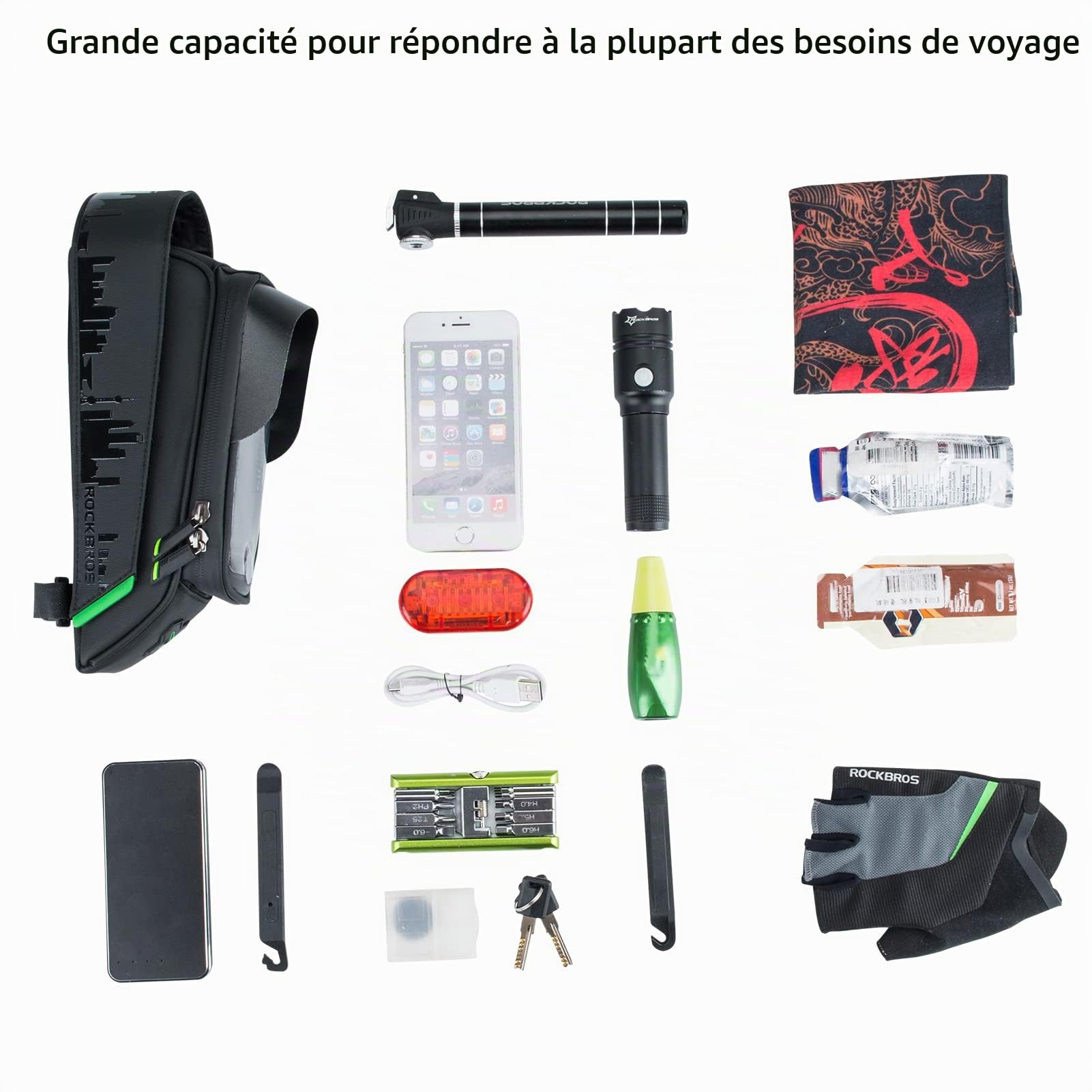 ROCKBROS Sacoche de Cadre Vélo 1,5L Support de Téléphone sous 6,5 Pouces 2 en 1 Vélo Route Sac Rangement Vélo Électrique Écran TPU Tactile Sensible Anti Éclaboussure Smartphone VTT Pare-Soleil Noir