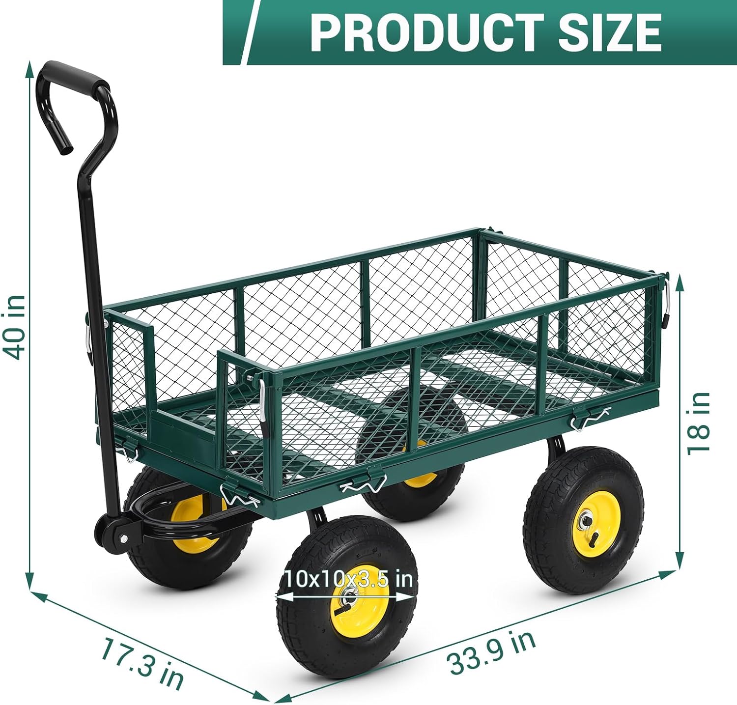 Heavy Duty Steel Garden Cart, 550 Lbs Capacity Utility Wagon with Removable Sides, 10" All-Terrain Tires & 180° Swivel Handle – Foldable Yard Cart for Lawn, Garden, Farm, Landscaping