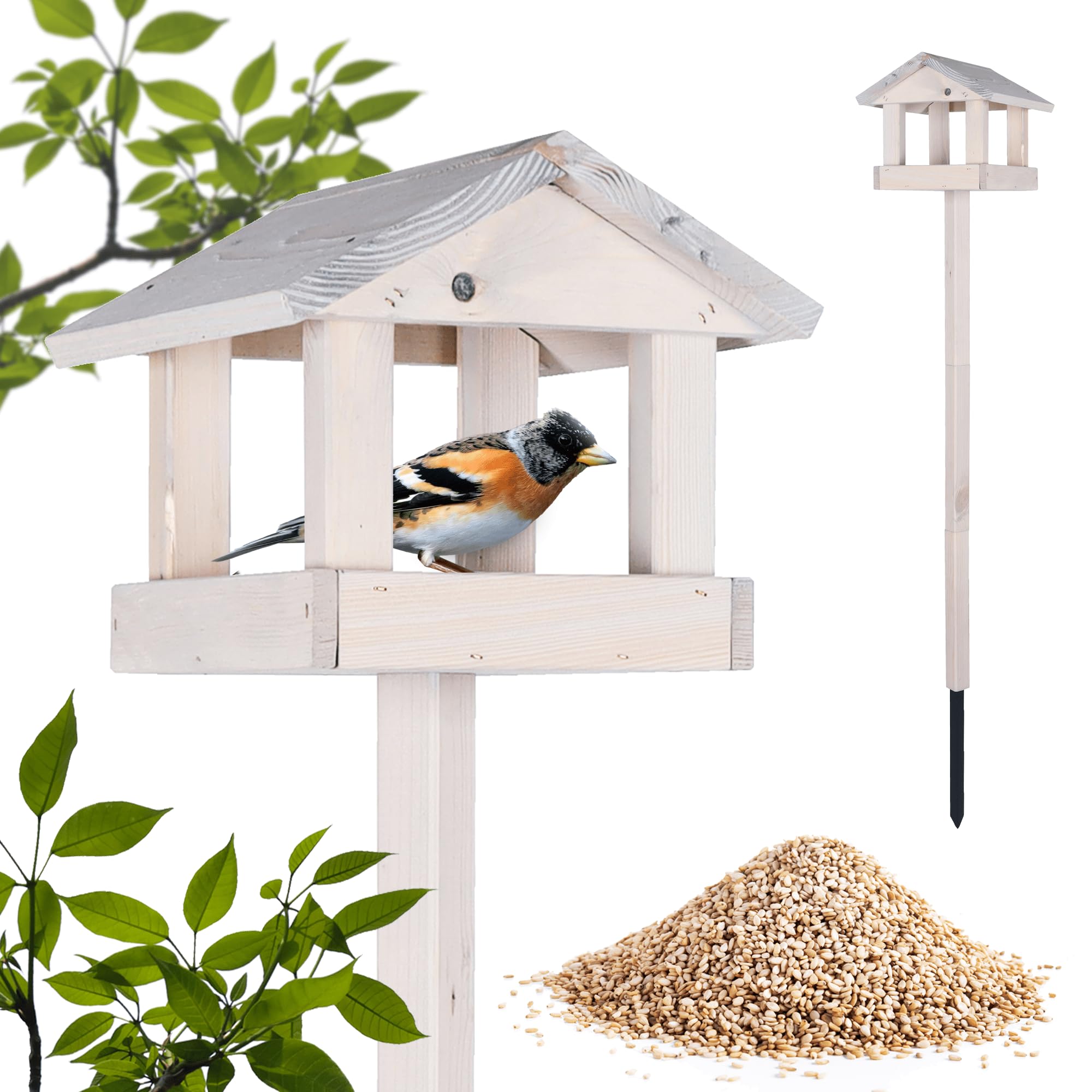 PATKAR Vogelhaus Futterhaus für Vögel mit Ständer aus Kieferholz - Vogelfutterhaus Vogelfutterstation für Singvögel Wildvögel Vogel Futterstation + 500g Futter Gratis