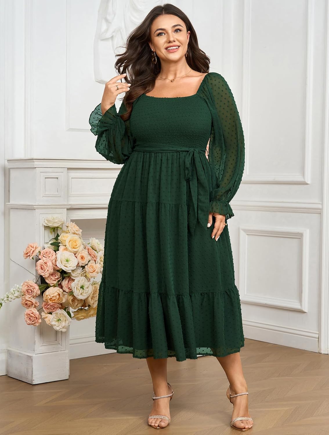 SCOMCHIC Women's Plus Size Dress Long Sleeve Square Neck Swiss Dot Chiffon Smocked A Line Ruffle Cocktail Maxi Dresses - Image 5