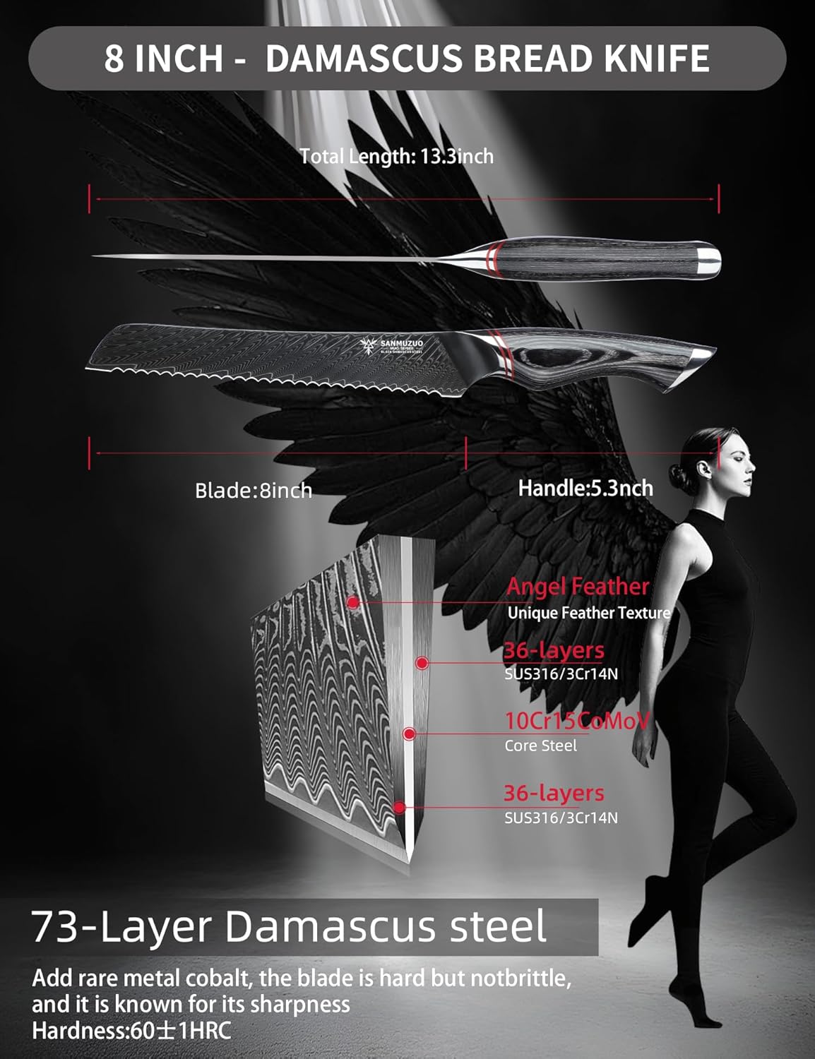 8 Inch Bread Knife Serrated Blade - Black Damascus Steel with Ergonomic Handle - MIAO Series