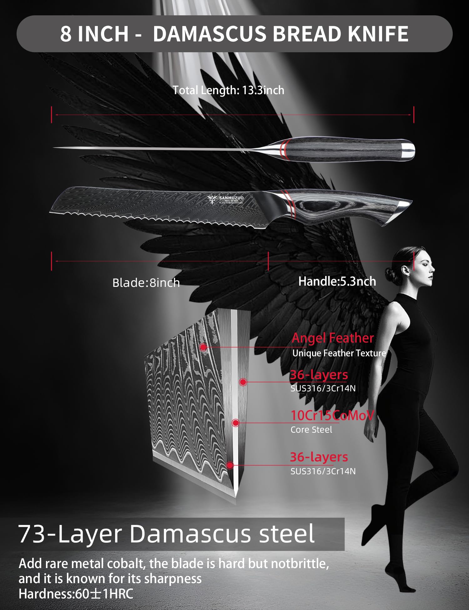 Couteau à pain 20 cm - Lame dentelée - Acier Damas noir avec manche ergonomique - Série MIAO