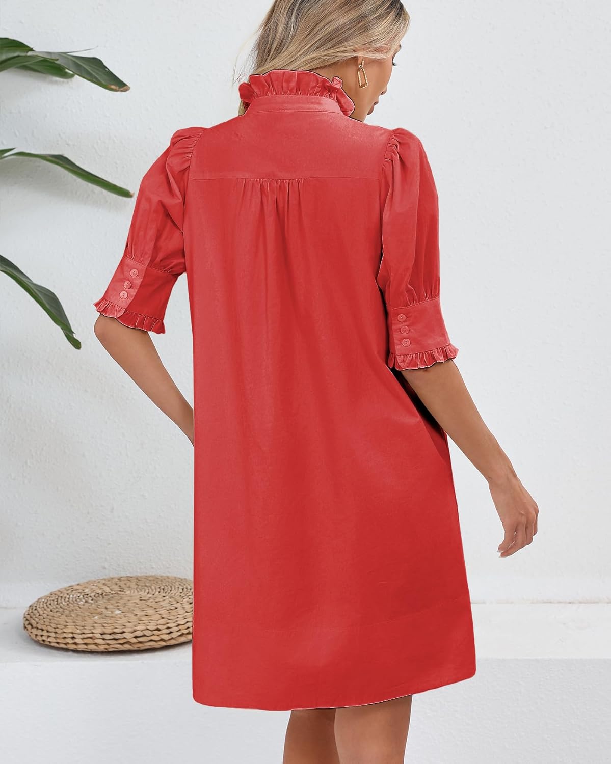 Women's Puff Short Sleeve Stand Ruffle Collar Summer Dress Casual A Line Shift Mini Dress with Pockets - Image 6