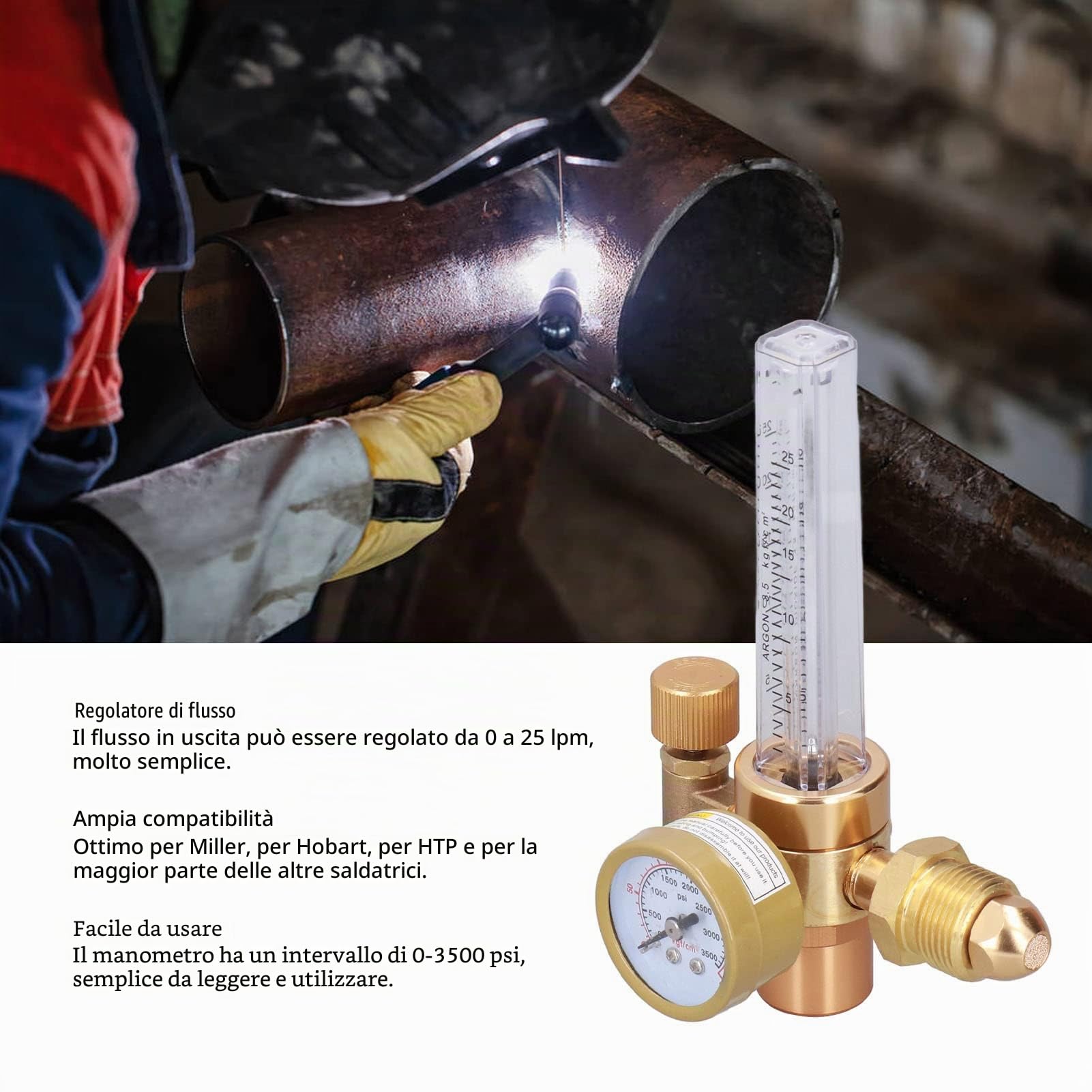 Artillery Riduttore di Pressione Argon, OBC-191 Y Regolatore di Gas Saldatore in Ottone 0-3500 PSI, 0-25LPM Bombola Argon per Mig Tig