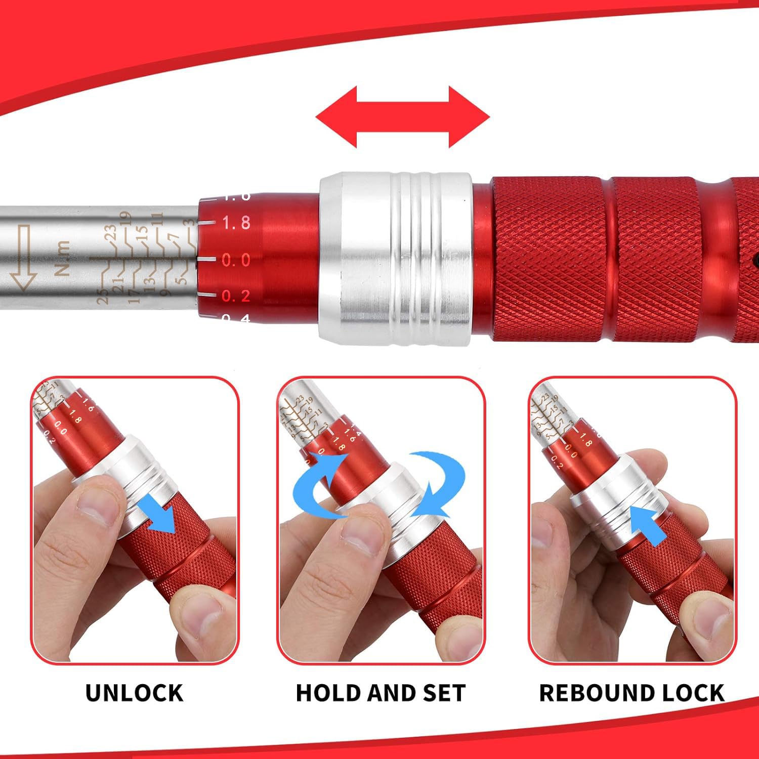 VANPO Llave Dinamométrica 1/4", Llave de Torque 3-25 Nm, Alta Precisión de ±3% con Cabezal Reversible de 72T, Barra de Extensión de 10cm, 3/8" Adaptador para Bicicleta de Carretera y Montaña, Moto