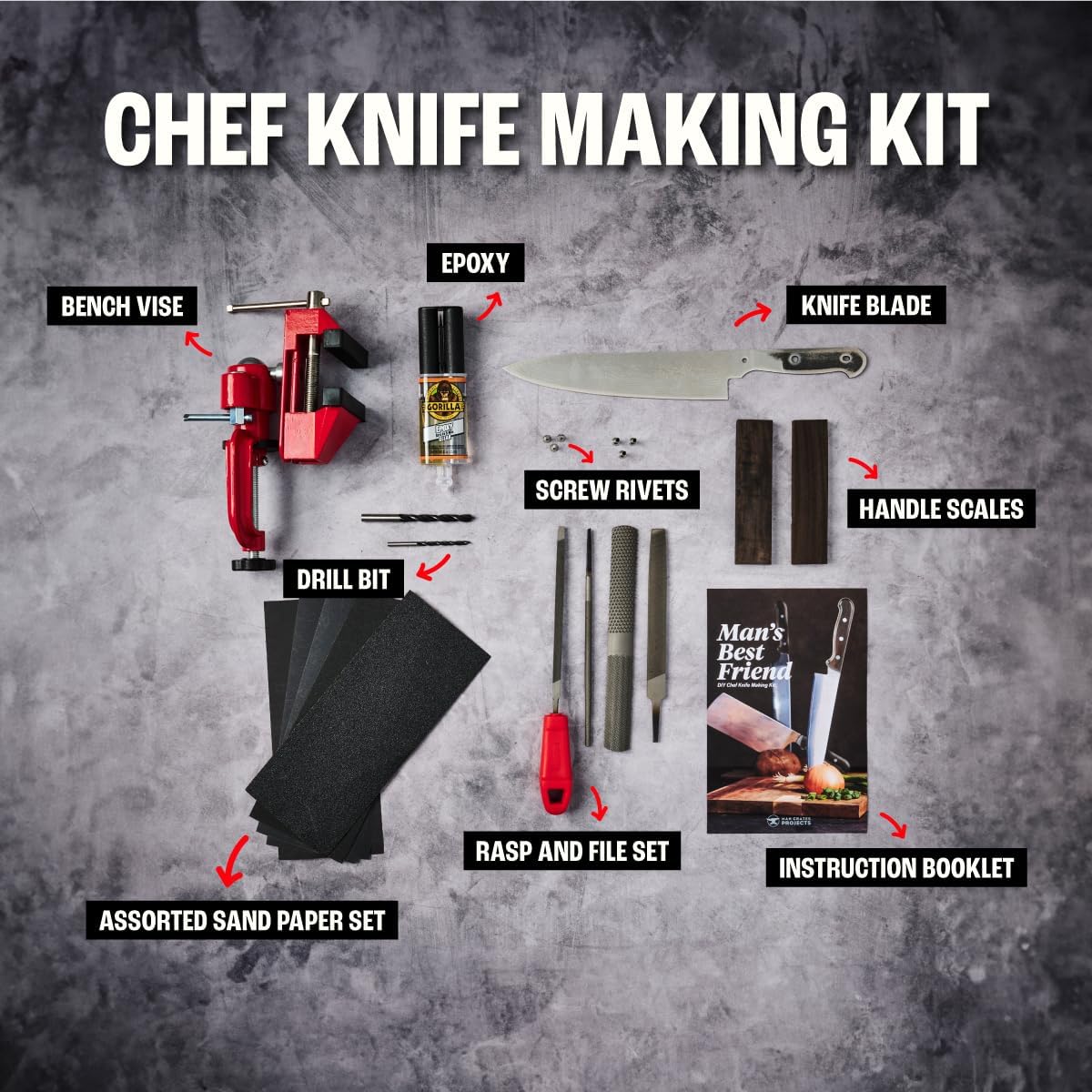 Man Crates, Chef Knife Making Kit – Featuring VG-10 Damascus Steel, Stylish Micarta Handles, Rasps, Files, Portable Bench Vise & More – Includes Step-by-Step Knife Making Guide