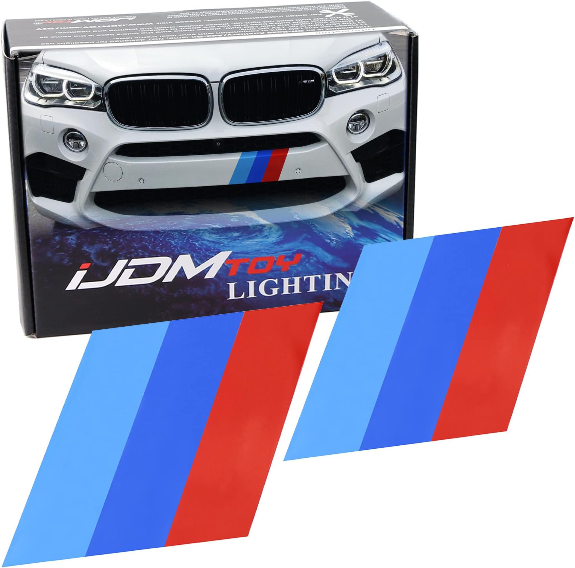 iJDMTOY 7x7-Inch Iconic 3-Color Stripe Decal Stickers Compatible with BMW Side Skirt, Bumper, Hood Cosmetic Decoration, Made w/Reflective Paper