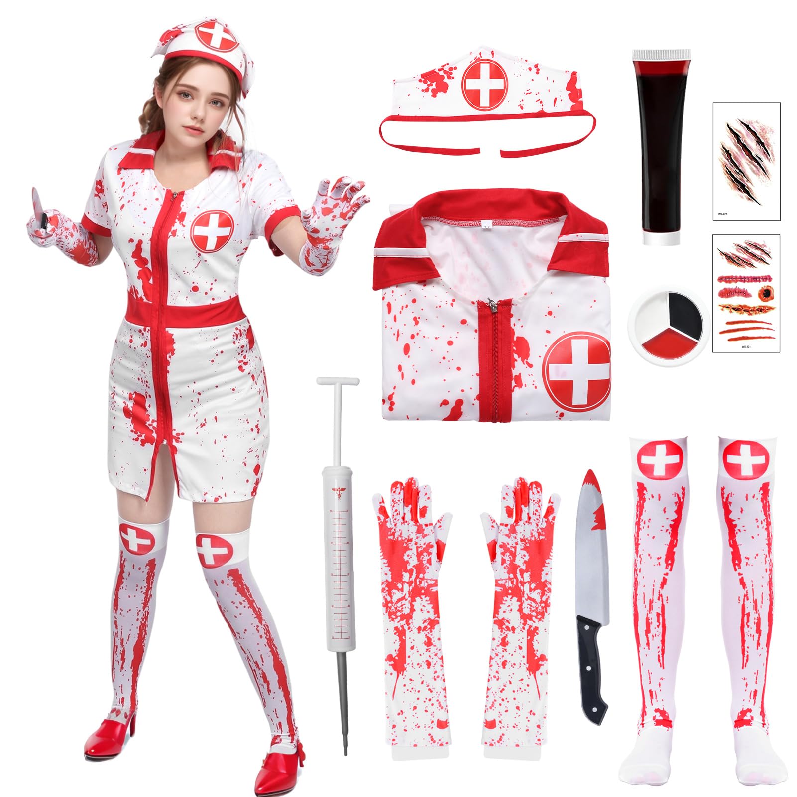 Bloody Nurse Costume Ladies, Nurse Dress With Hat, Cosplay Costume for Halloween Fancy Dress (White, L)