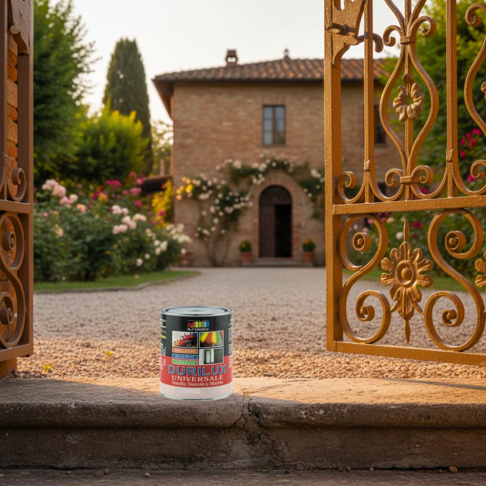 Durilux Smalto Universale Sintetico Marino Lucido, Protezione per Legno e Ferro, Finitura Brillante, Resistente agli Agenti Atmosferici, Cammello 510 Ral 8003 (2,5 L)