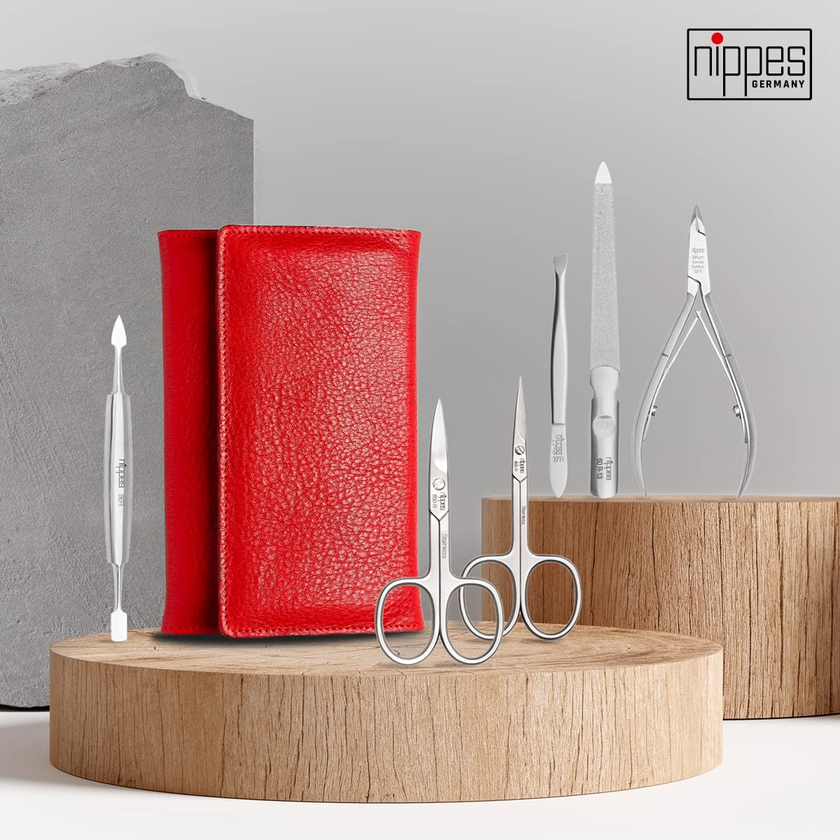 nippes Solingen Premium Line Wild Red, 6-częściowy zestaw do manicure, stal nierdzewna, nie zawiera niklu, etui ze skóry bydlęcej z zatrzaskami, czerwony/czarny, zestaw do pielęgnacji paznokci, Made