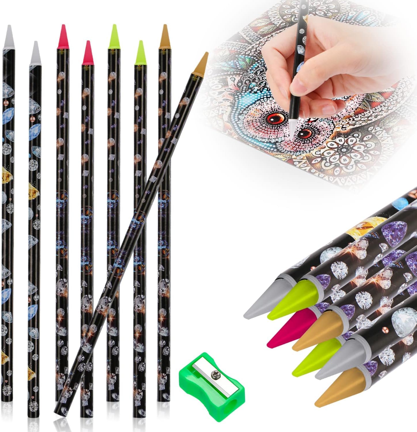 Azonee Diamond Painting Pen, 9 Pcs Rhinestone Picker Pencil Set, Self Adhesive Nail Dotting Wax Pen with Pencil Sharpener, 5D Crystal Gem Pick up Tools DIY Nail Art Accessories, 9 Pcs