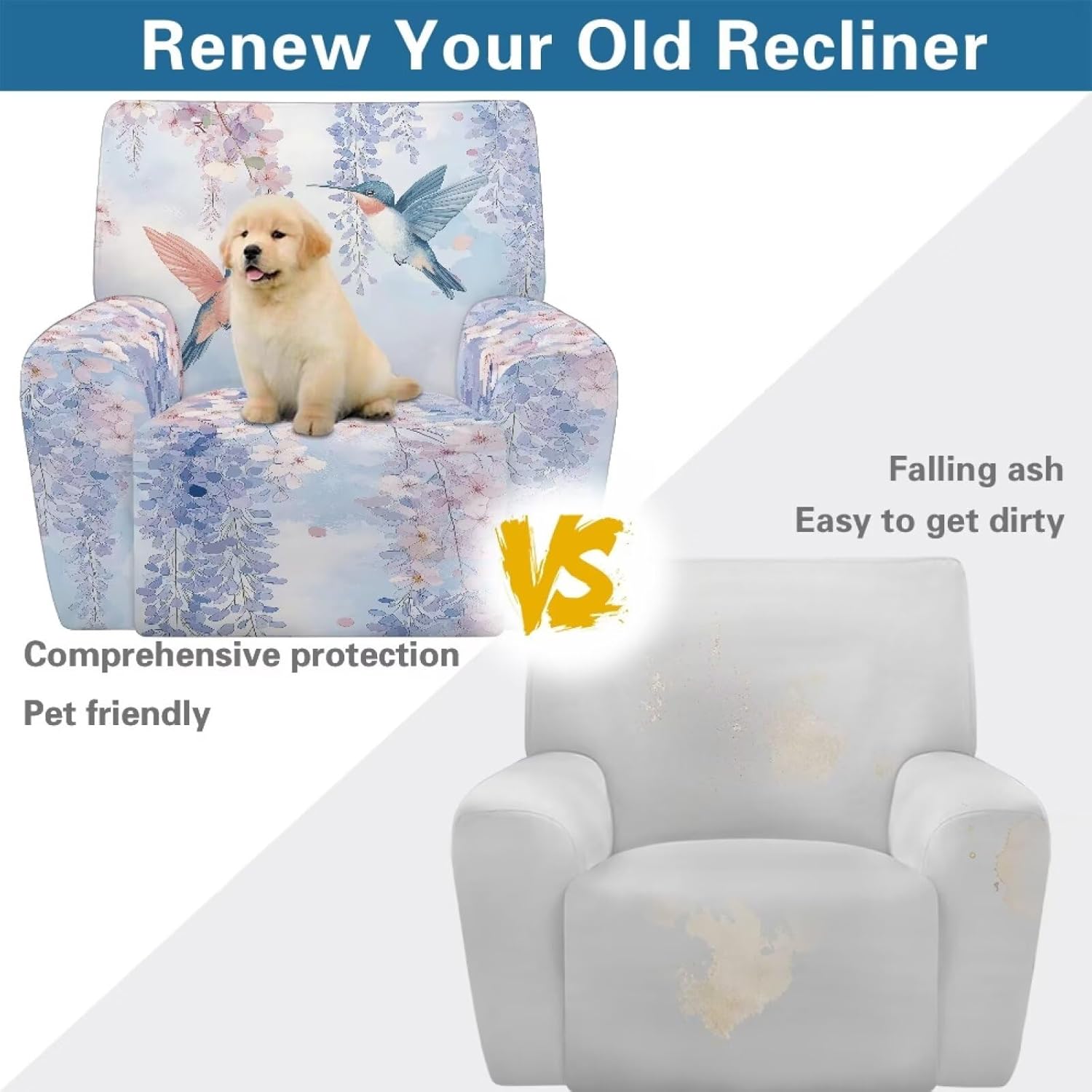 Hummingbird Flower Stretch Recliner Chair Covers Recliner Slipcovers 4-Pieces Lazyboy Covers That Stay in Place Soft Spandex Reclining Chair Couch Cover Furniture Protector with Pocket