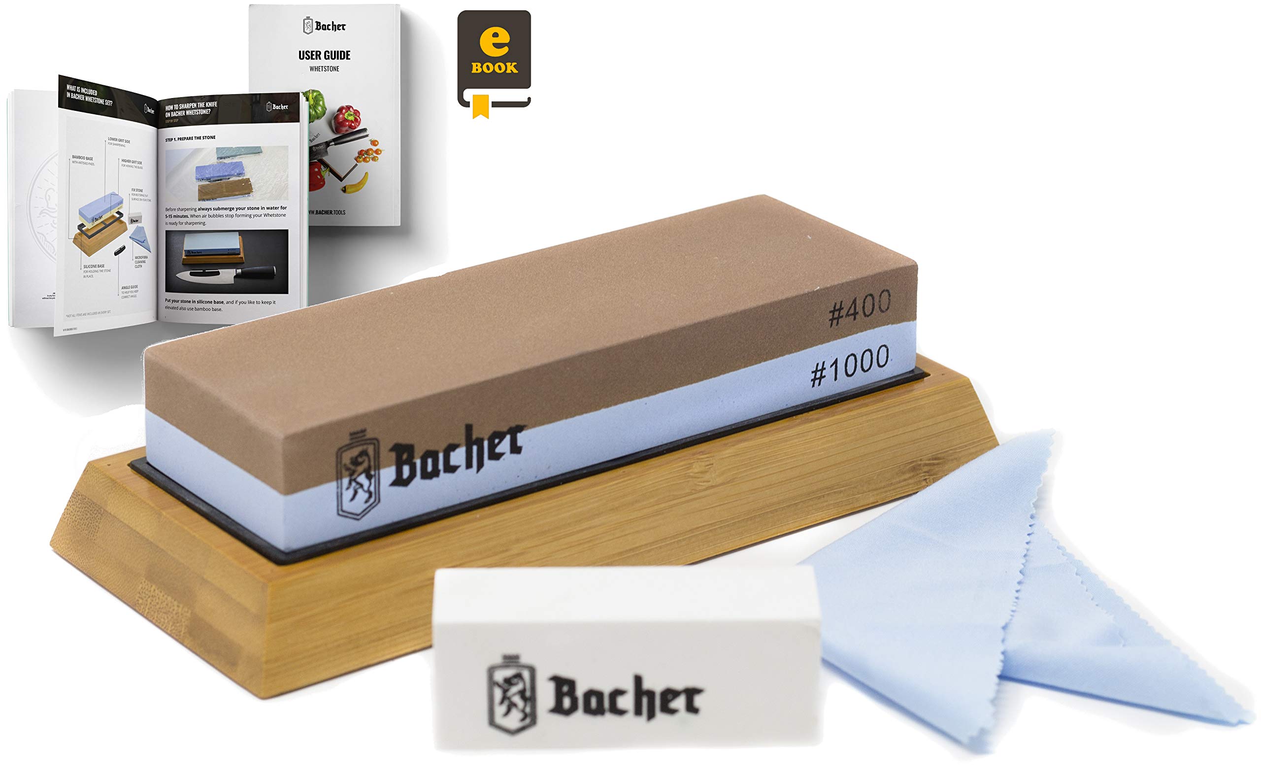 BacherPremium Sharpening Stone. 2 Side Grit 400/1000 Whetstone- Knife Sharpener Waterstone with Non-Slip Bamboo Base, Flattening Stone and Detailed eBook Guide