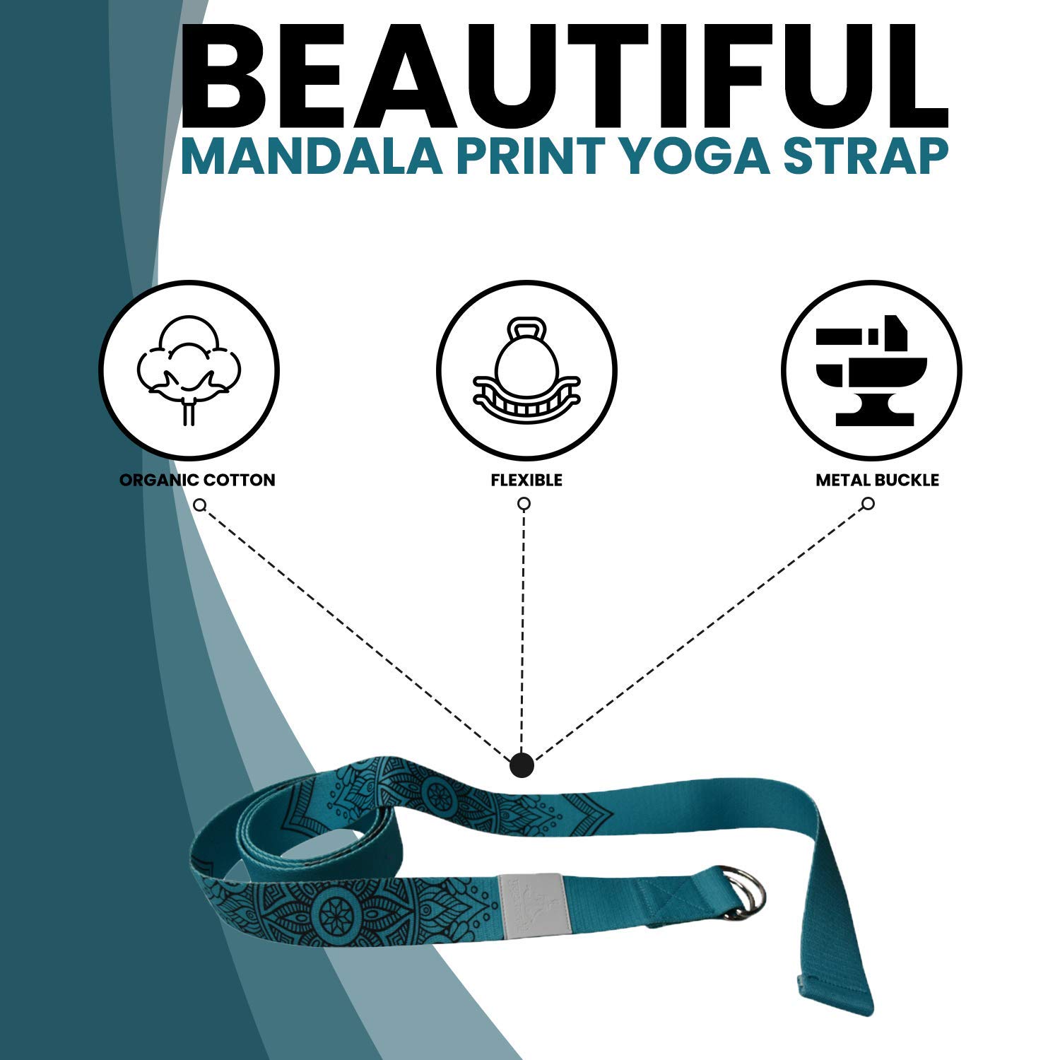 Yoga World - Cinghia Elastica per Allenamento in flessibilità, Pilates, Esercizio, Fitness, Fisioterapia, Cotone Organico Spesso, per Uso Domestico e Studio - Fibbie in Metallo con Anello a D, 1,8 m