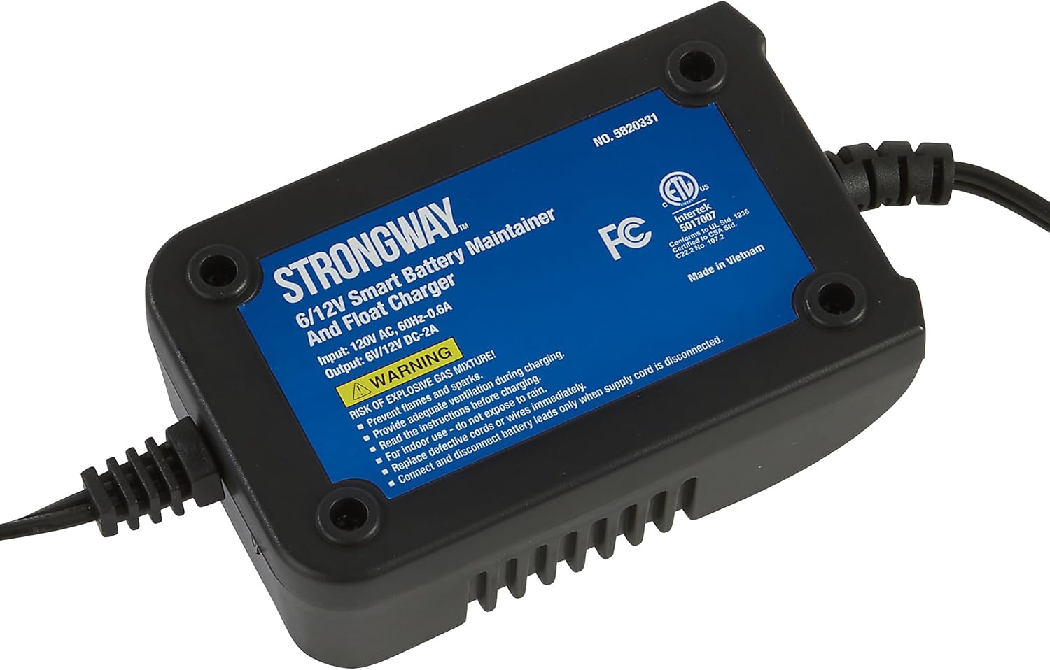 Back view of the Strongway Battery Maintainer showing the warning label and product specifications.
