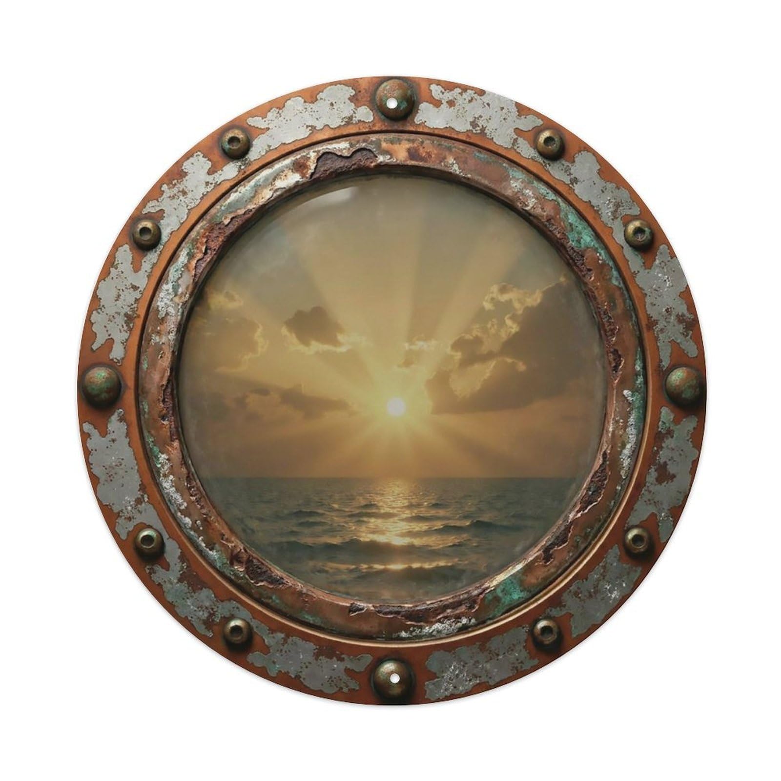 Vintage Porthole Ochre Sunset Nautical Window View Metal Tin Sign
