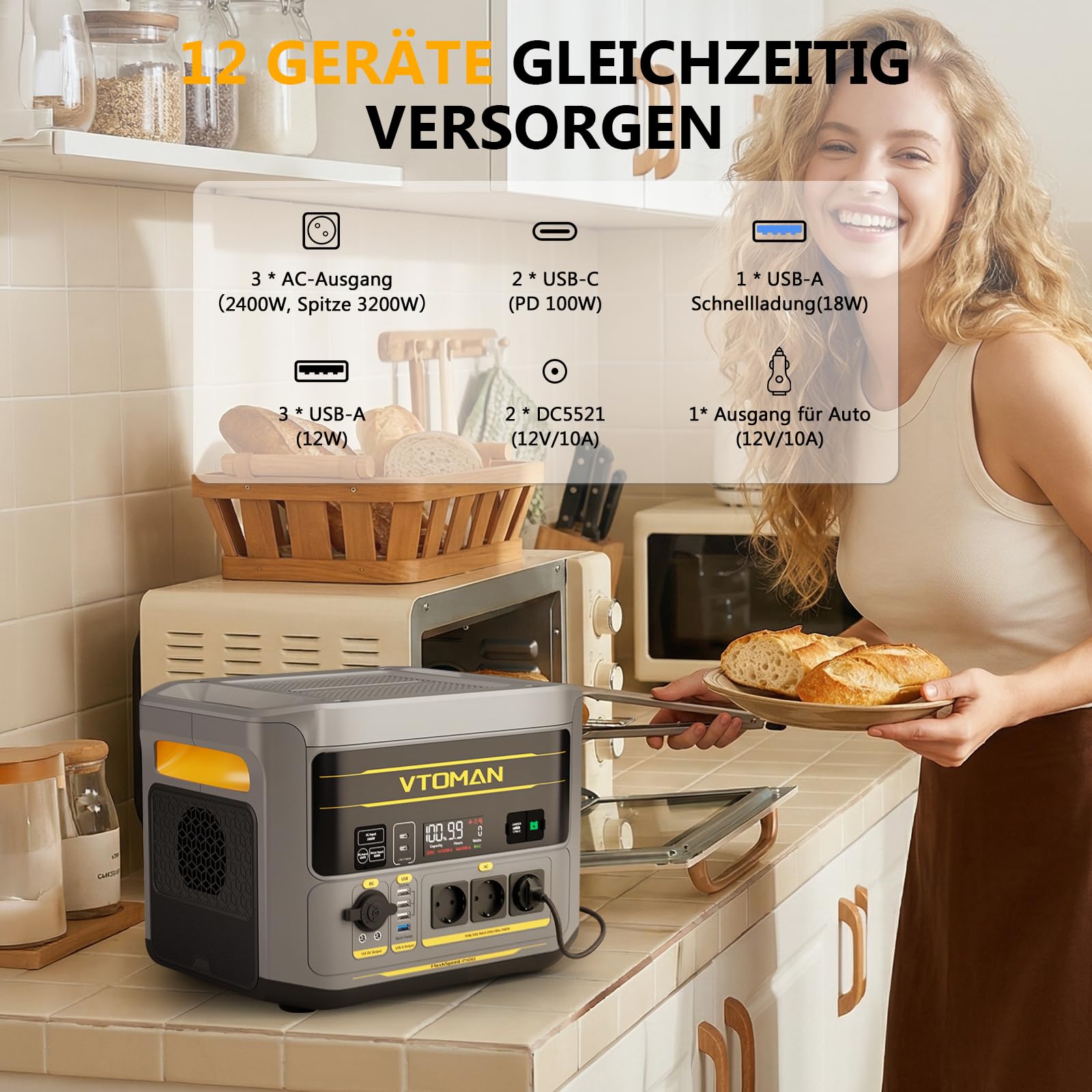 VTOMAN FlashSpeed 2400 - Station d'alimentation portable avec câble de secours, 2400 W CA (3200 W crête), batterie LiFePO₄ de 1408 Wh, extensible jusqu'à 2688 Wh, charge rapide en 1 heure, générateur
