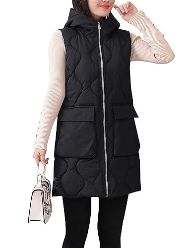 HangNiFang Winter Long Puffer Vest for Women Zip Up Hoodie