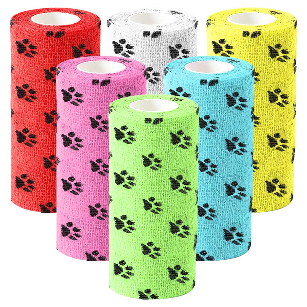 6 Roll 10cm Dog First Aid Kit Pet Vet Wrap Self Adhesive Bandage Self Adherent Cohesive Bandages Pets First Aid Elastic Bandage Dogs Elastic Bandage Wrap Tape for Dogs Vet Tape Elastic (Multicoloured)