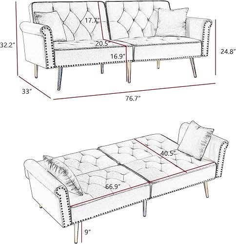 Miniatura 2 de Sofá cama futón de terciopelo, sofá cama convertible con ángulos de respaldo ajustables, sofá cama resistente para sala de estar y dormitorio, color