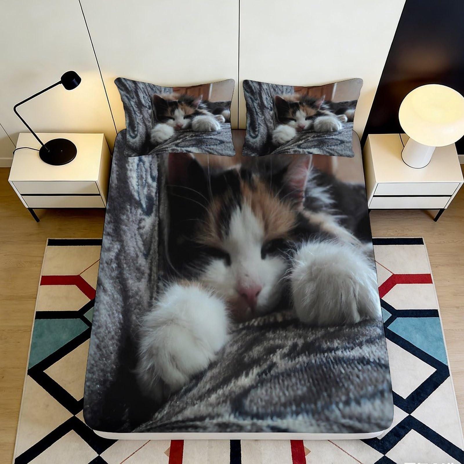 3D Printed Calico Cat Fitted Sheet Microfiber Cozy Bedroom Decor Tabby Cat Mattress Cover for Home Dorm 90x200x25cm