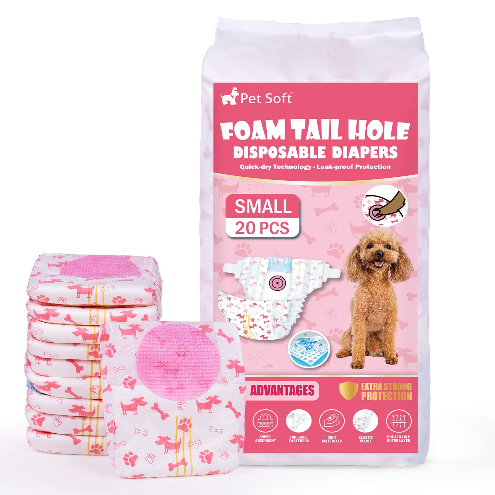Pet Soft Disposable Dog Diapers - Female Dog Diapers with Adjustable Foam Tail Hole, Ultra Protection Puppy & Cat Diapers Wetness Indicator for Dogs in Heat or Incontinence, 20pcs (S,Red)