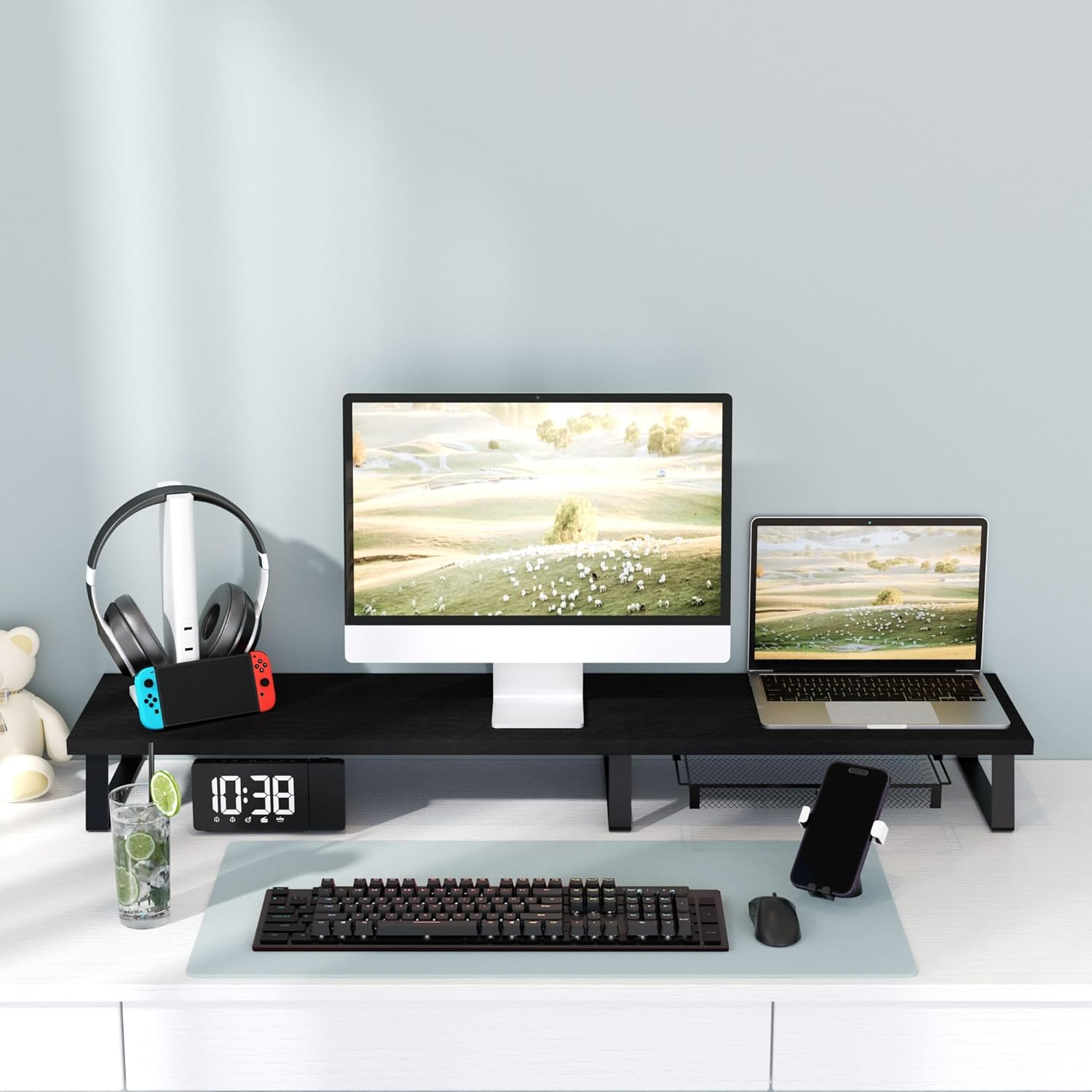 Wood Dual Monitor Stand Riser - Monitor Stand for 2 Monitors, Large Computer Stand For Desk with Metal Legs, Desk Organizers and Storage With Drawer, Desk Shelf for Computer/Laptop/Printer/TV, Black