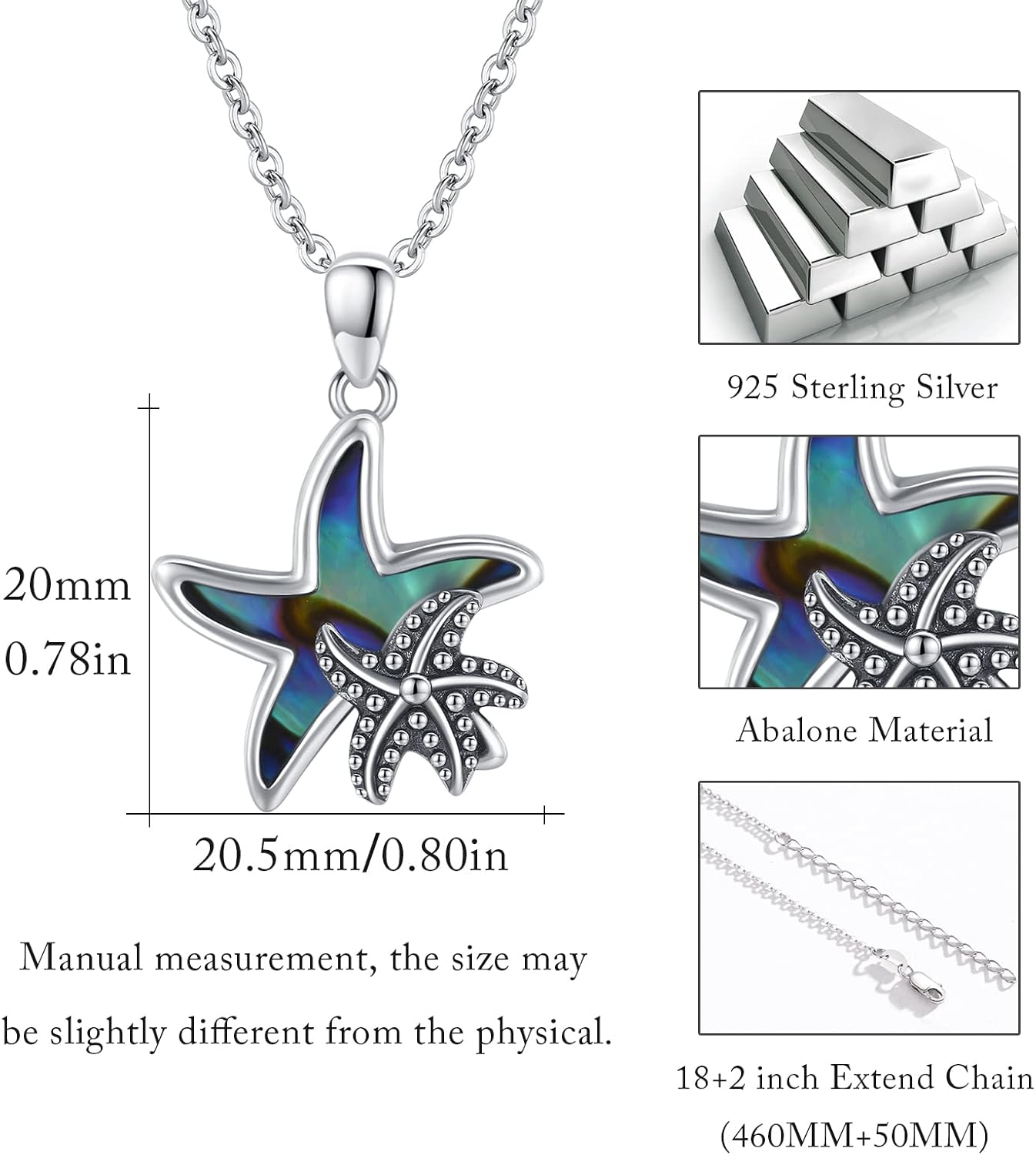 Cuoka Starfish Necklace 925 Sterling Silver Abalone Double Seashell Ocean Sea Beach Star Pendant Necklaces Ocean Jewelry for Women Bestfriend Summer Holiday Graduate Gift - Image 2